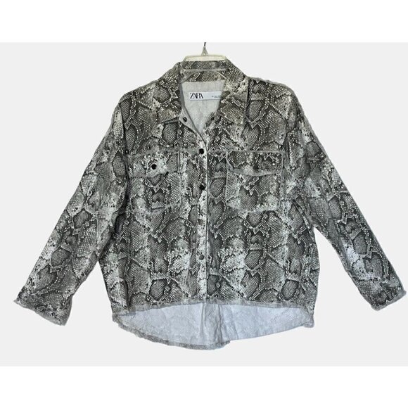 ZARA Snake Print Raw Hem Studded Rhinestones Denim Jean Oversize Jacket - Picture 6 of 12